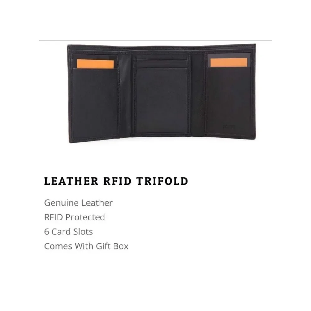 FIONTE RFID Protected Black Genuine Leather Trifold Men’s Wallet